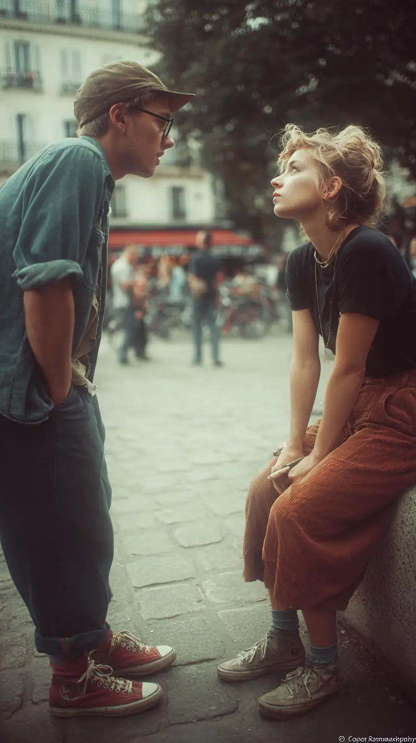 Bohemian couple talking closely on a Paris cobblestone street