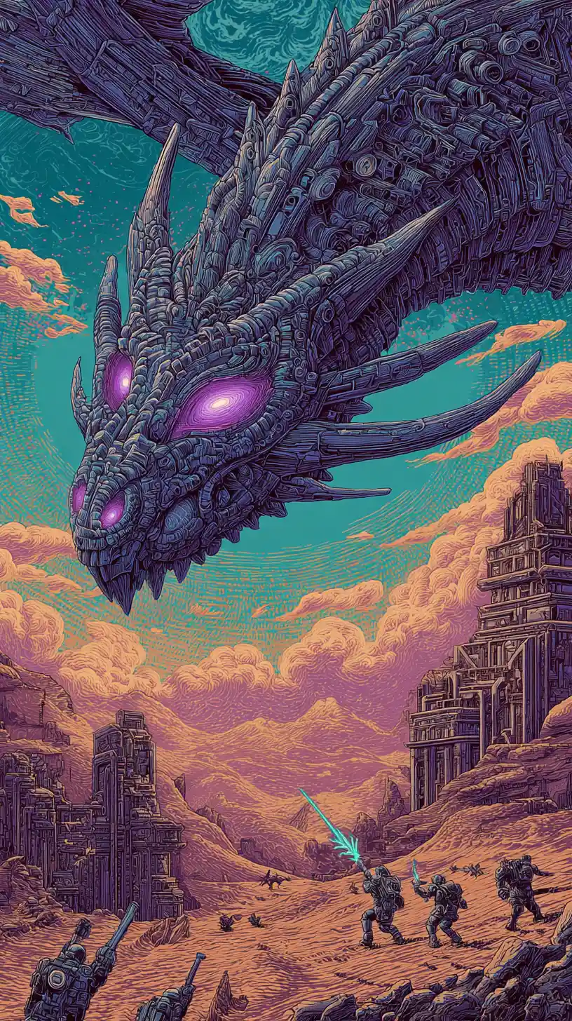Biomechanical dragon over twin sun desert pilgrimage