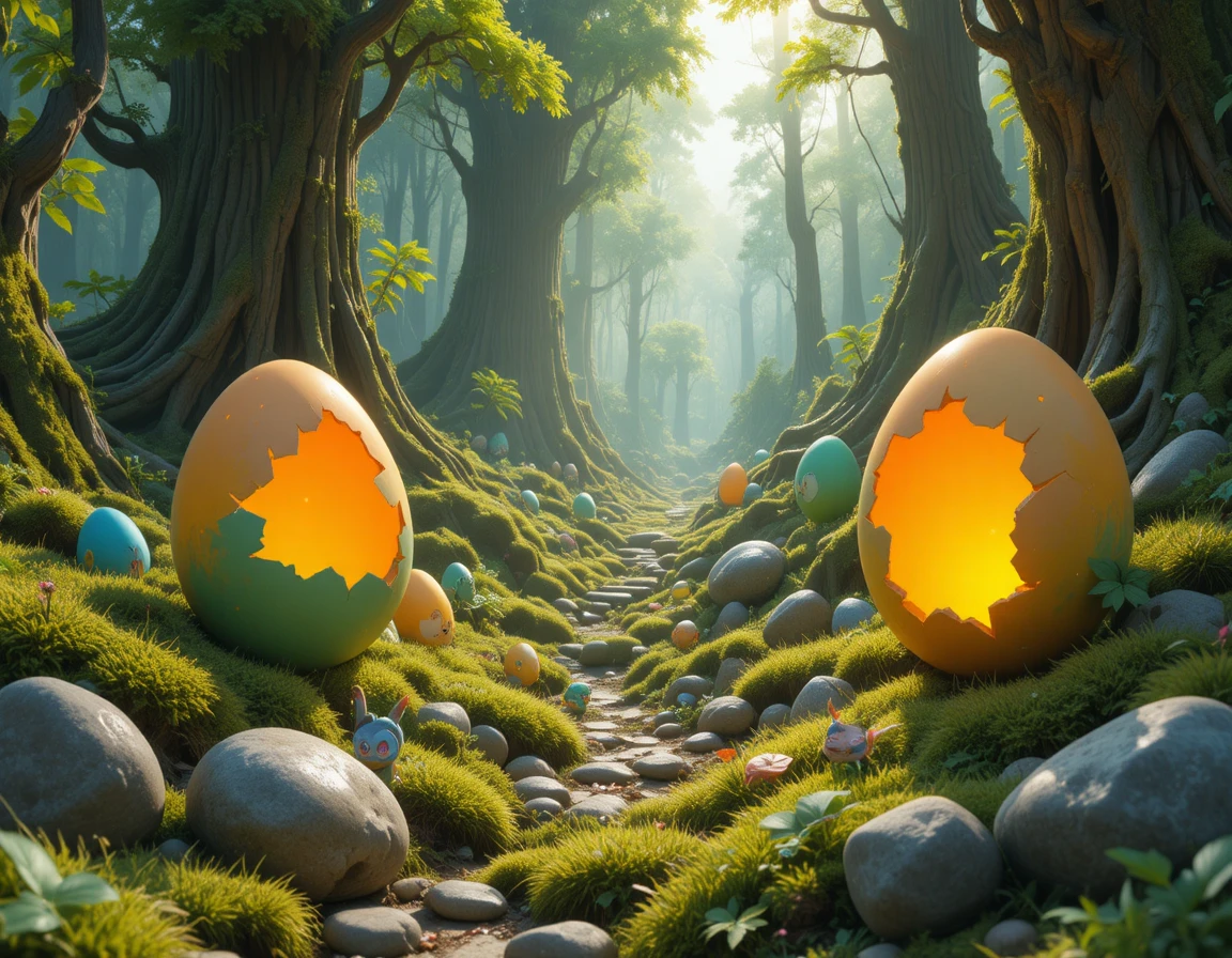 Sol de forêt surréaliste avec œufs et créatures fantastiques lumineuses