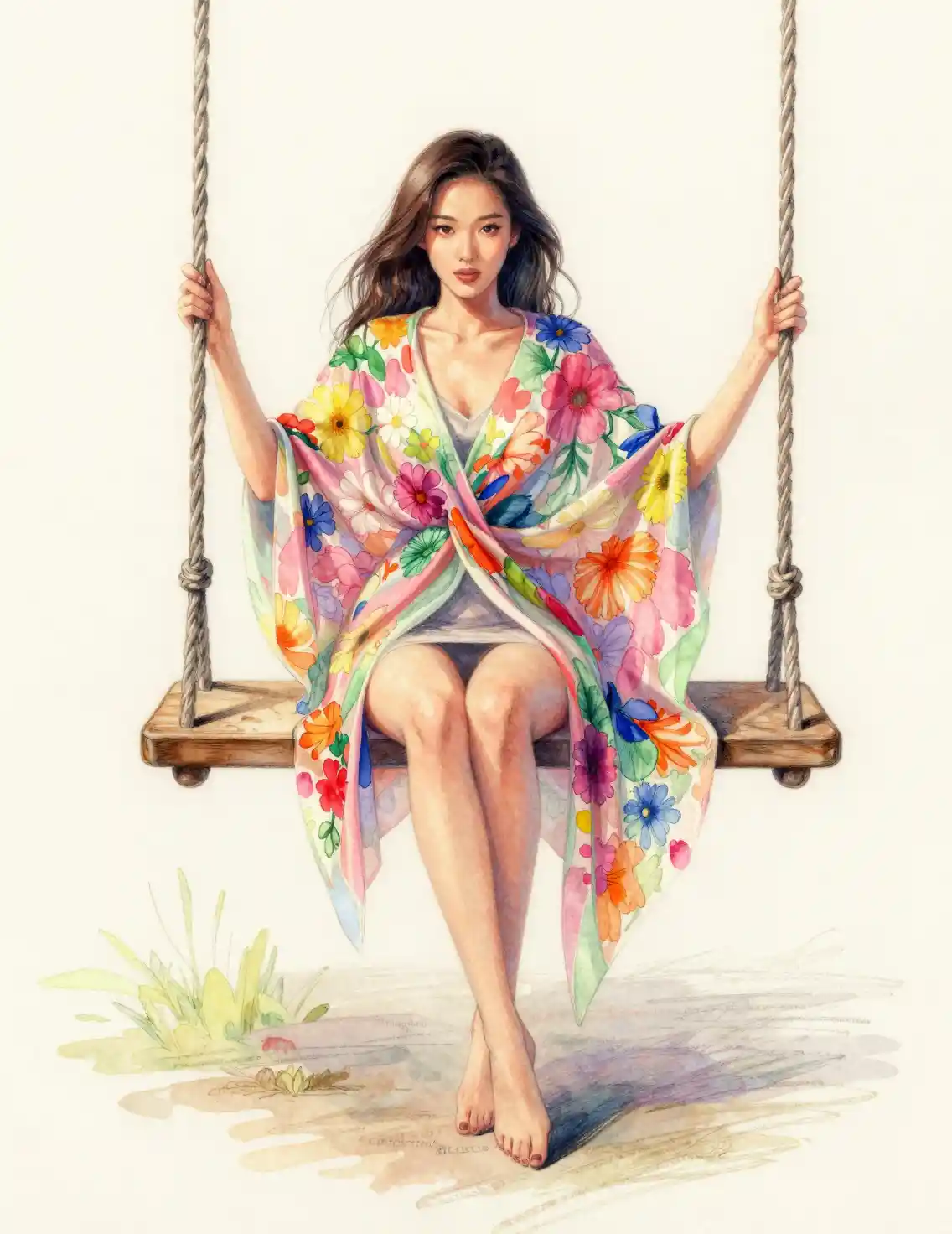 Asian fairy woman on wooden swing in flowing floral shawl