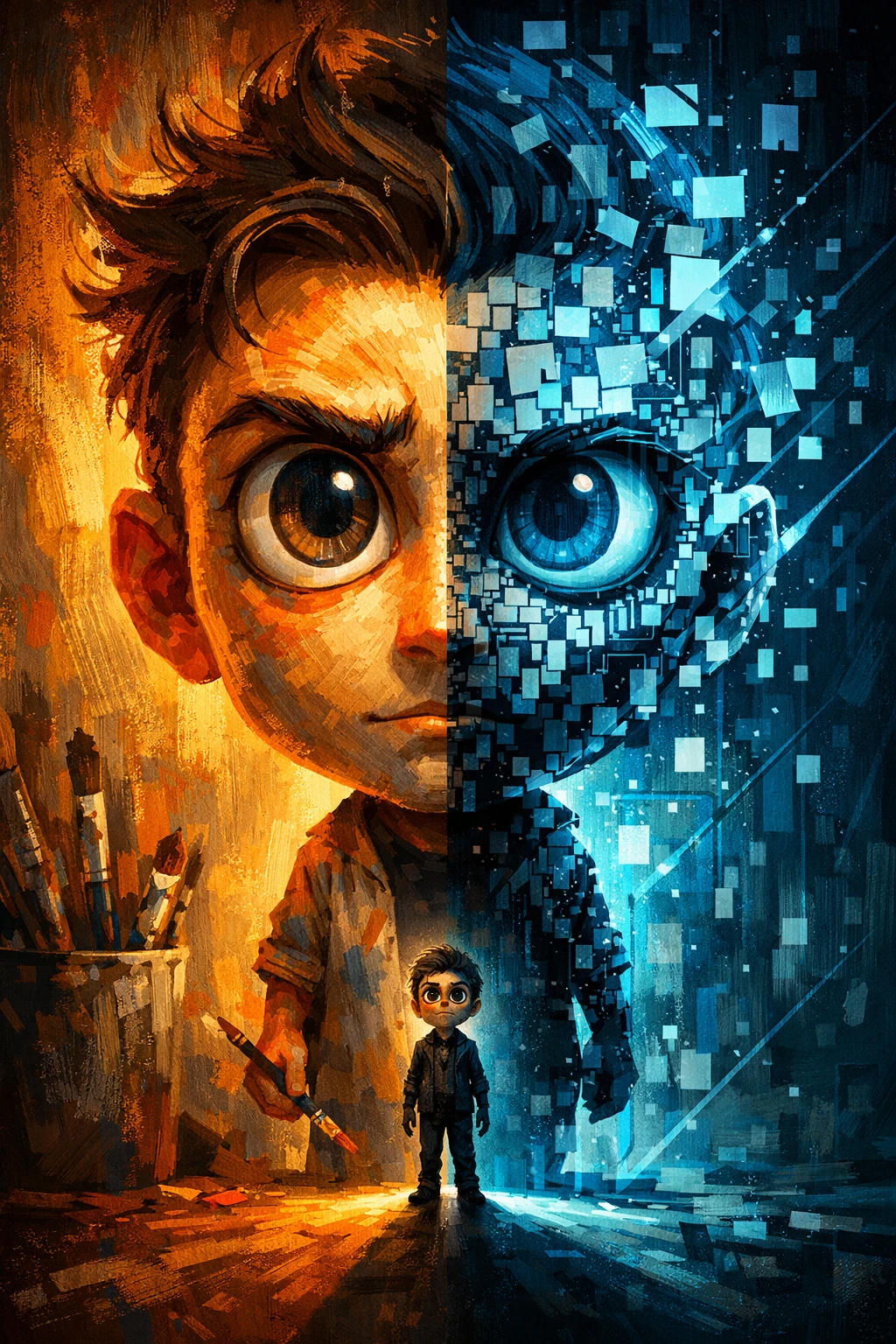 Surreal portrait of an AI artist in split transformation