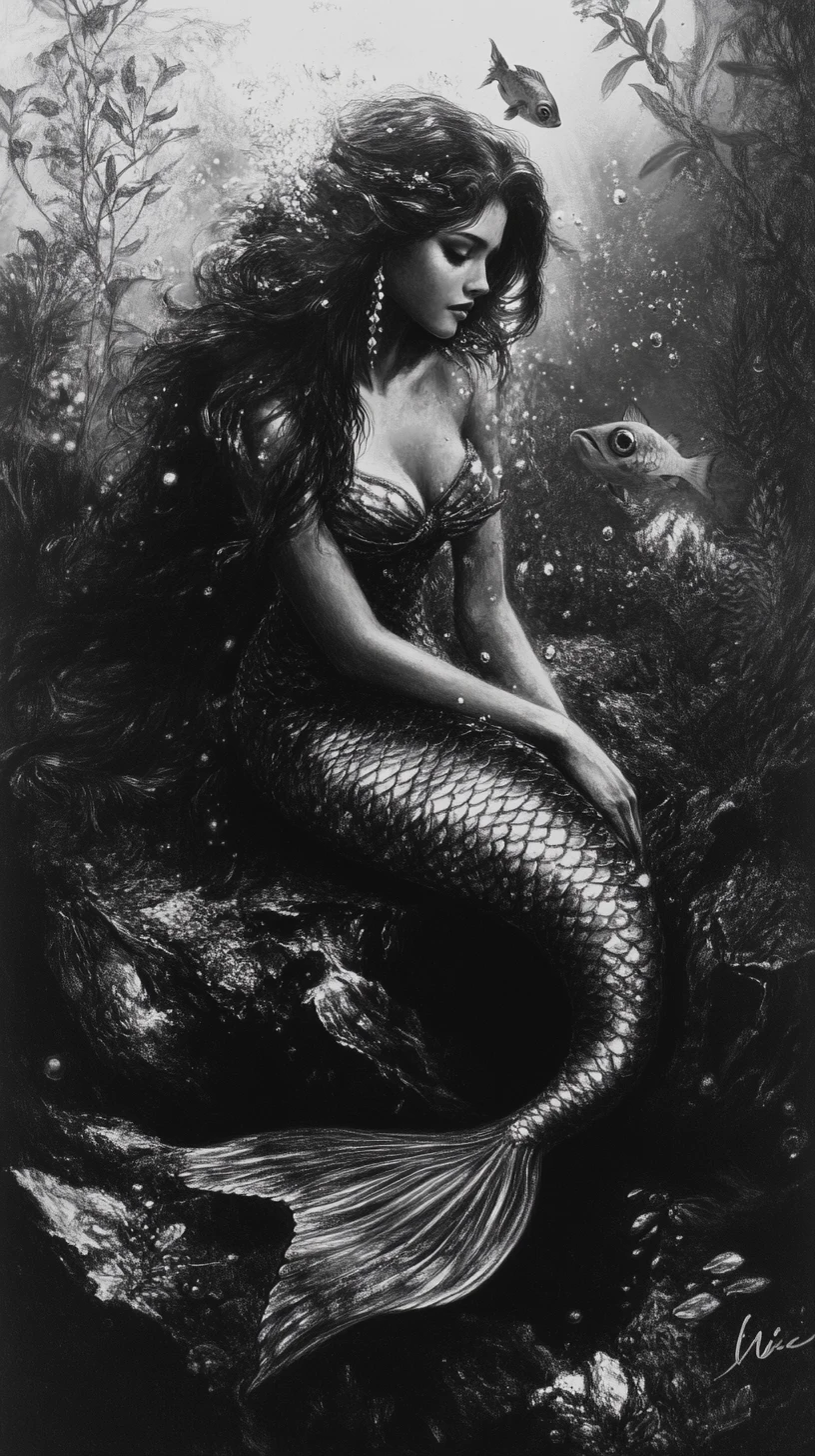 Charcoal mermaid portrait with glowing eyes in a dark sea