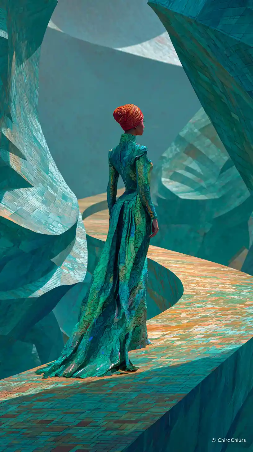 Elegant woman walking along a shimmering mosaic path