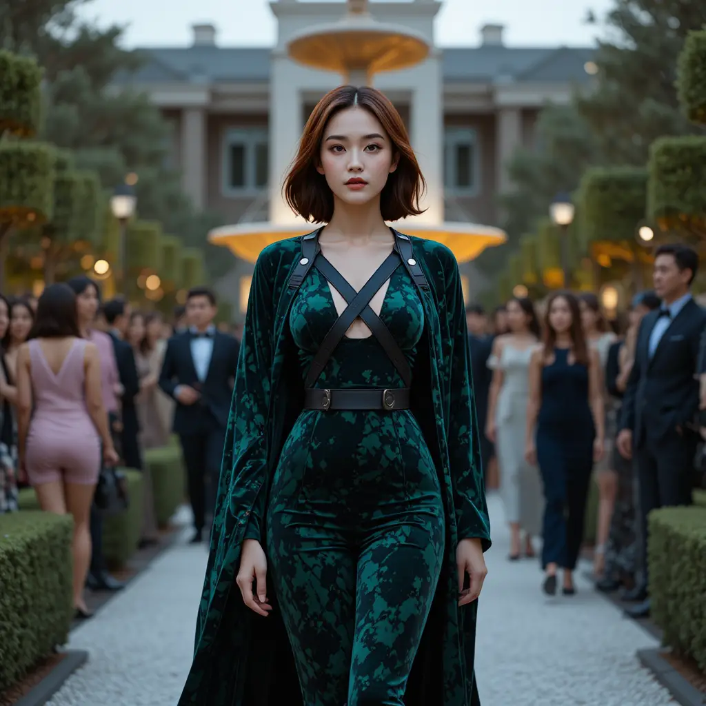 Korean woman in velvet mantle walking through garden crowd