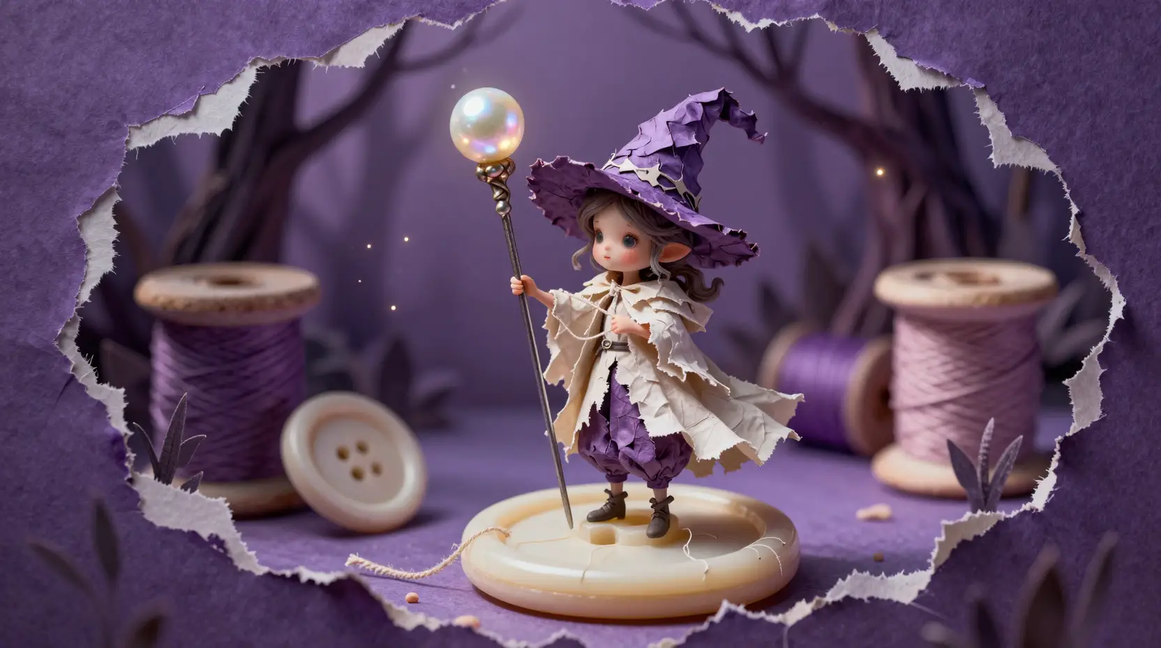 ミニチュア世界の真珠の杖を持つ小さな紙の魔女