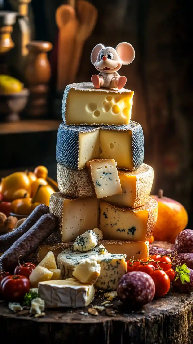 Süße Maus mit Gourmetkäse in einer alten rustikalen Küche
