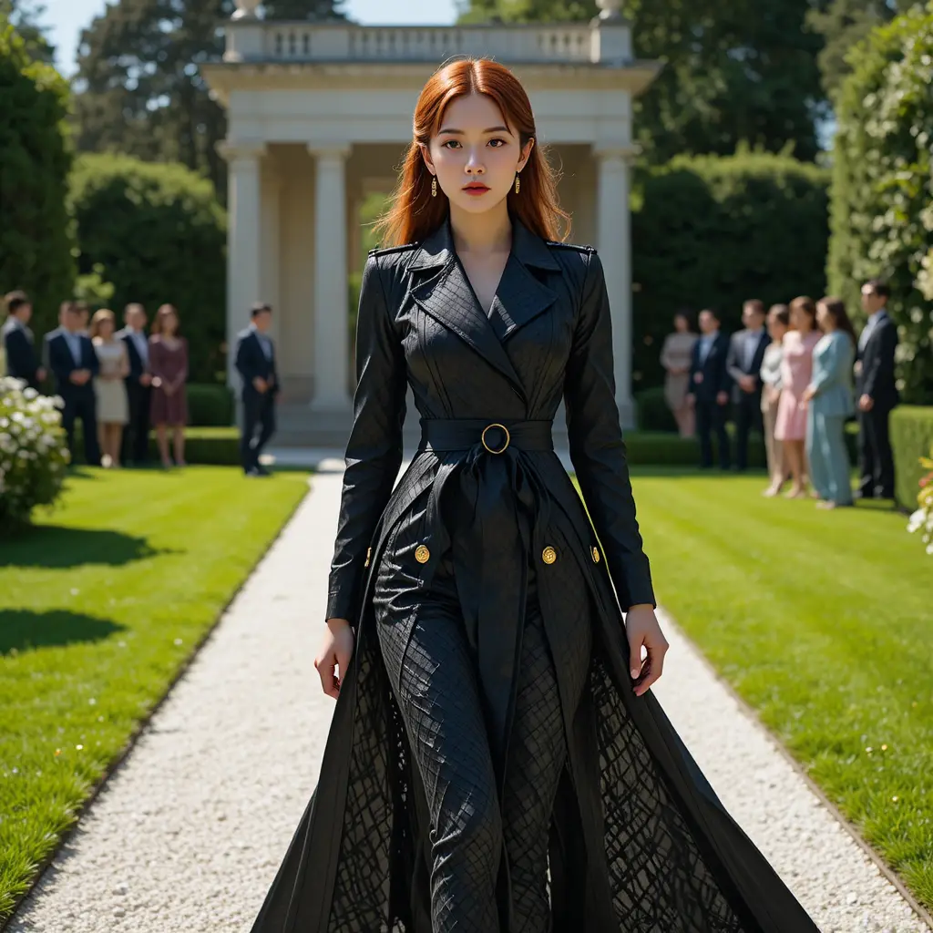 Korean woman in woven black trench gown crossing garden