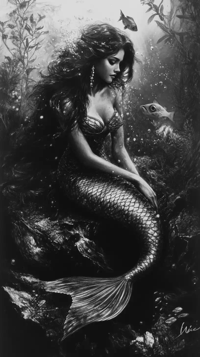 Charcoal mermaid portrait with glowing eyes in a dark sea