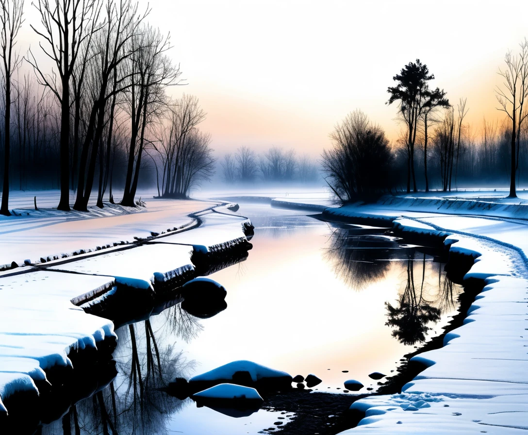 Verschneite Ebene im dichten Nebel mit zugefrorenem Kanal