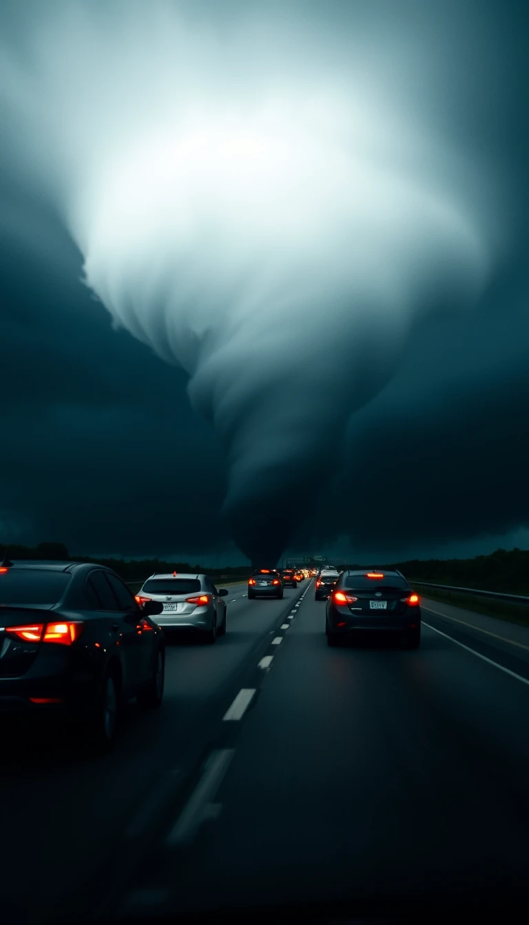 Tornado escuro cruza perto de carros em rodovia interestadual