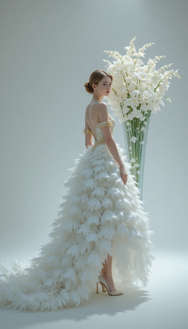 Elegant woman in feathered white dress with glowing lilies