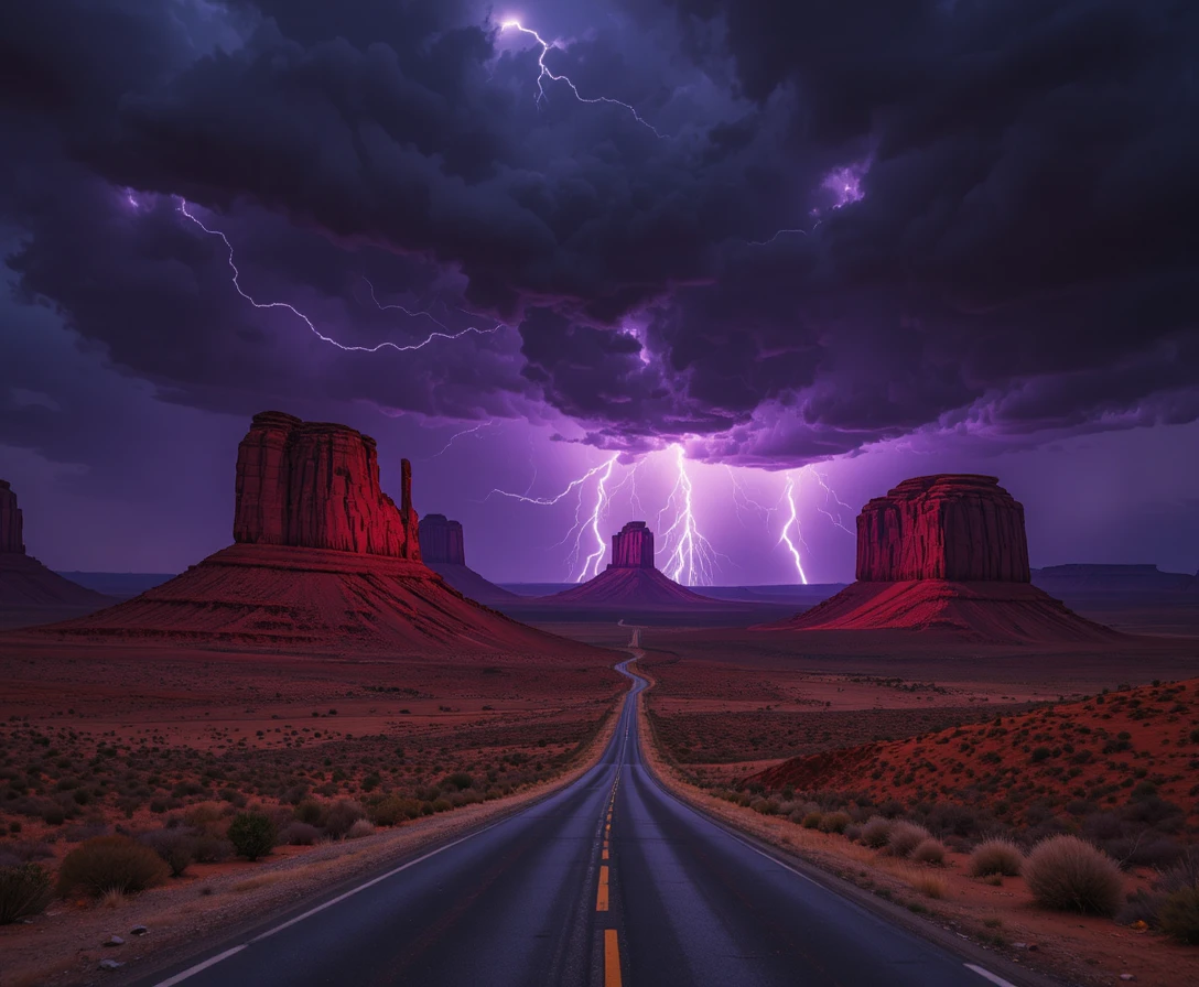 Tempesta di fulmini sulla strada nel deserto della Monument Valley di notte