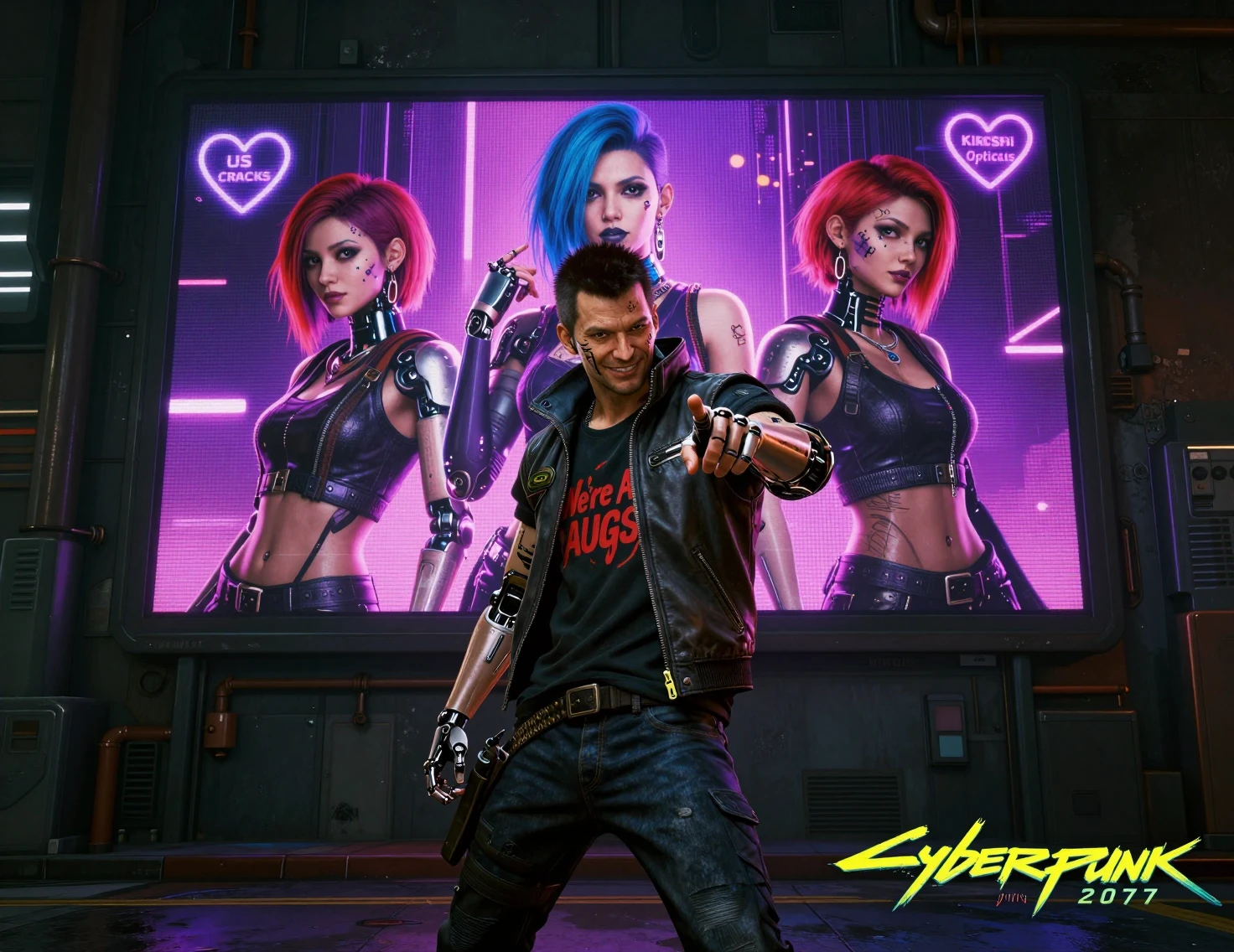 Cyberpunk-Cyborg-Mann posiert auf neonbeleuchteter Stadtstraße