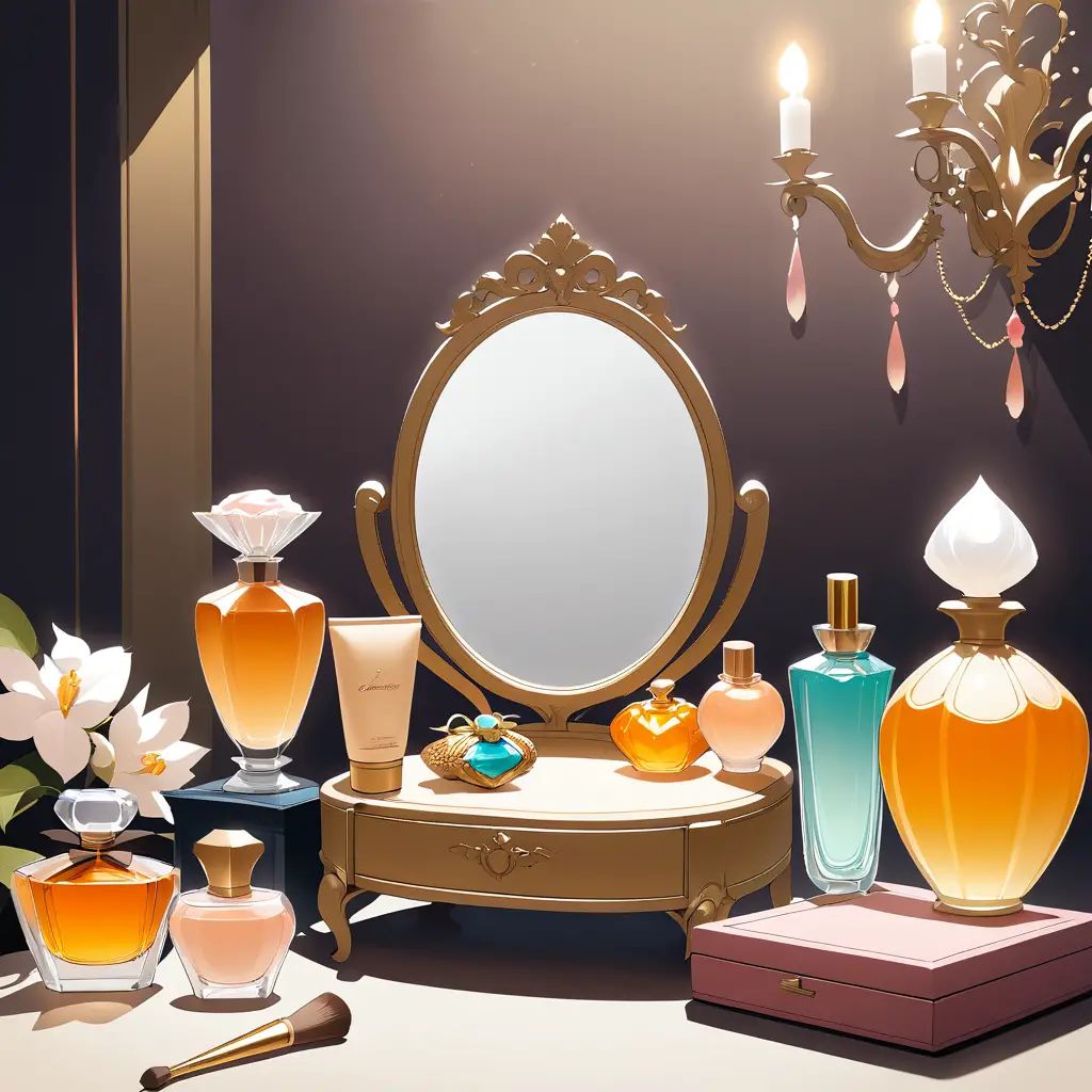 Flacons de parfum vintage et bijoux sur une élégante coiffeuse