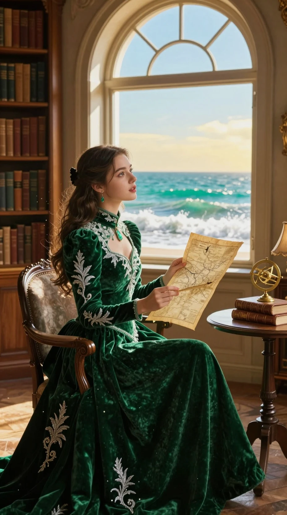 Jovem com mapa em uma grandiosa biblioteca à beira-mar