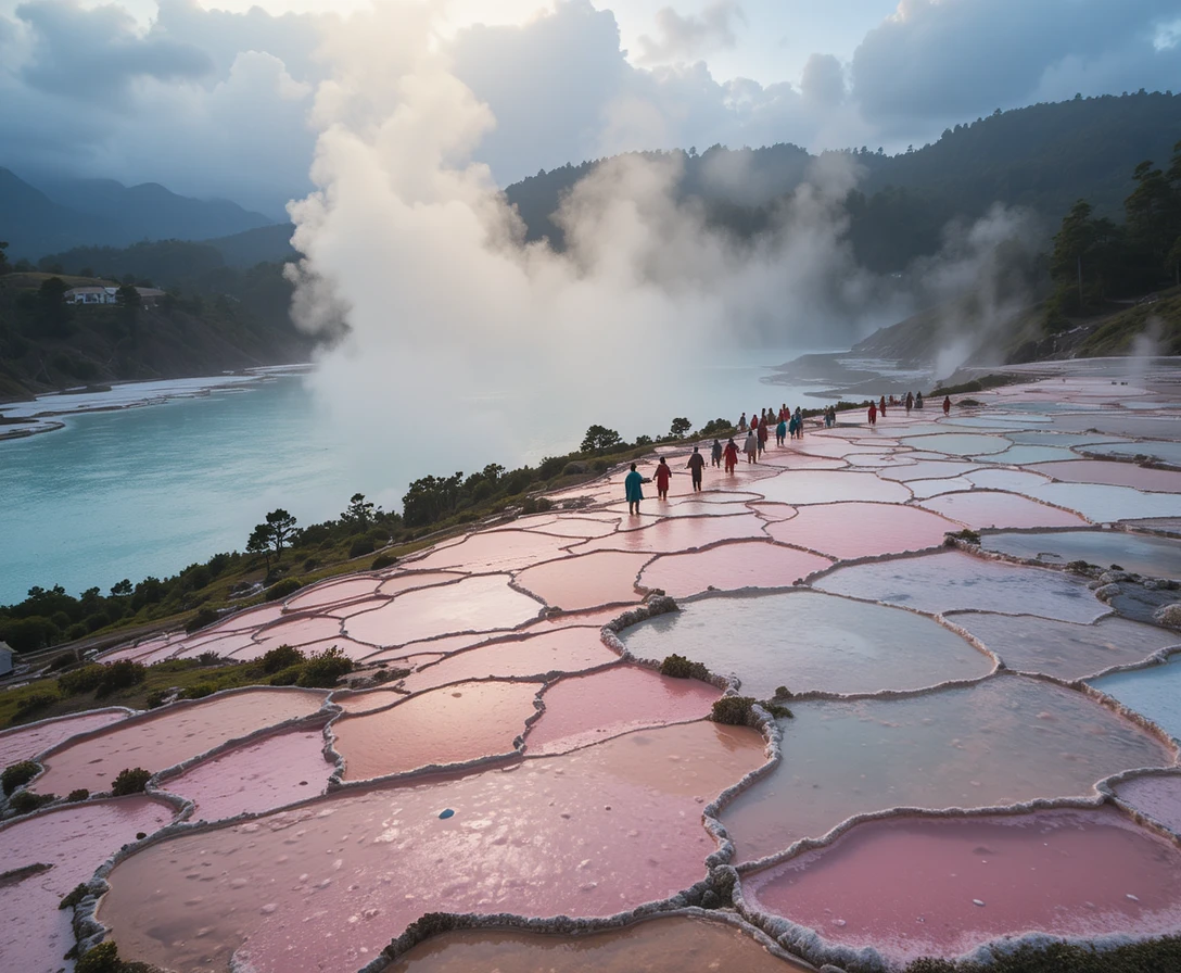 Geothermal Pink And White Terraces Beside Turquoise Lake Rotomahana