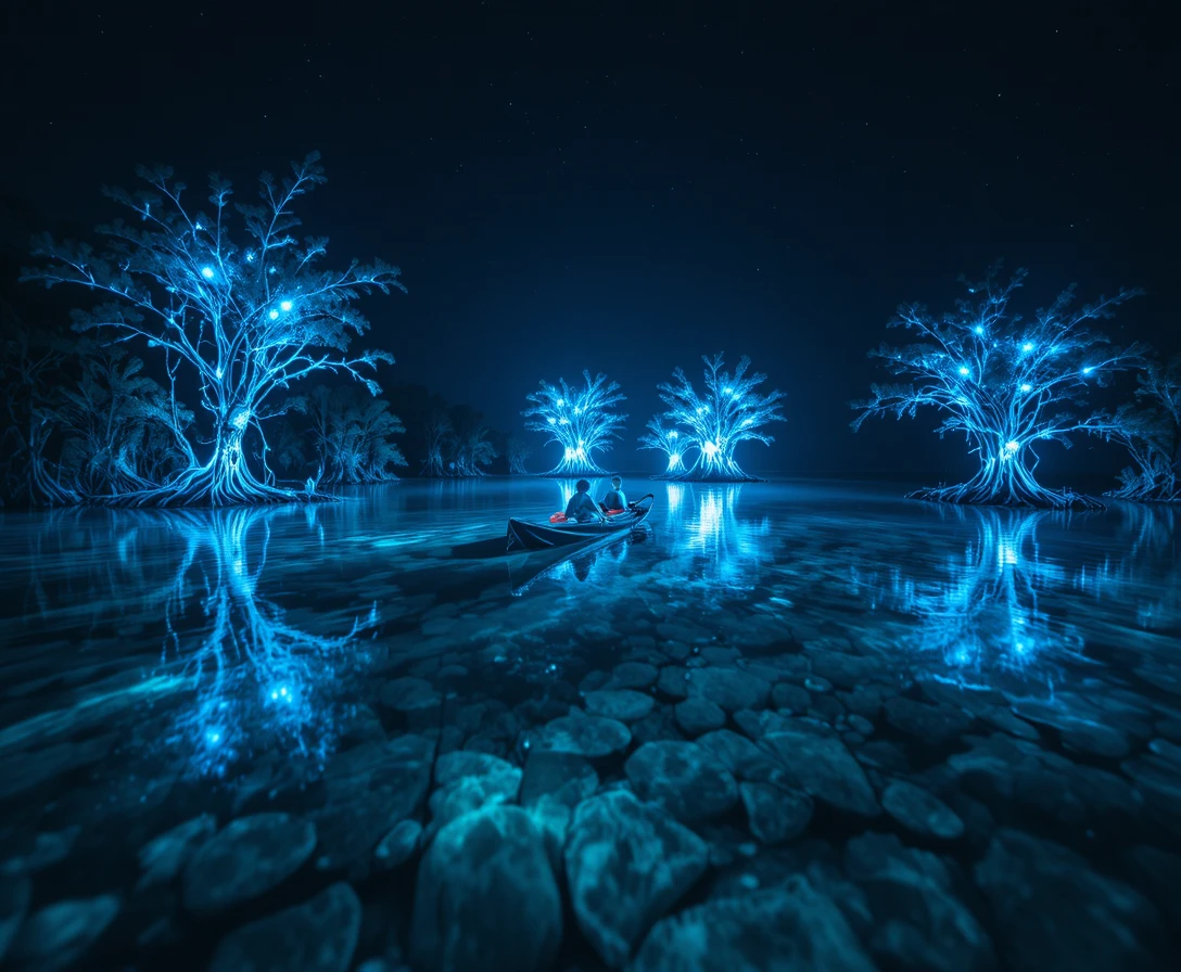 Bioluminescent Bay Glowing Electric Blue Under Tropical Night Sky