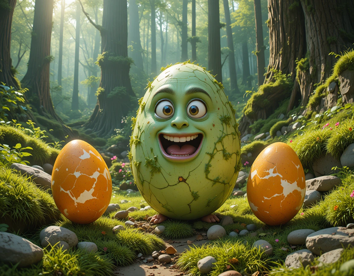 Œufs fantastiques multicolores éparpillés sur le sol d’une forêt luxuriante