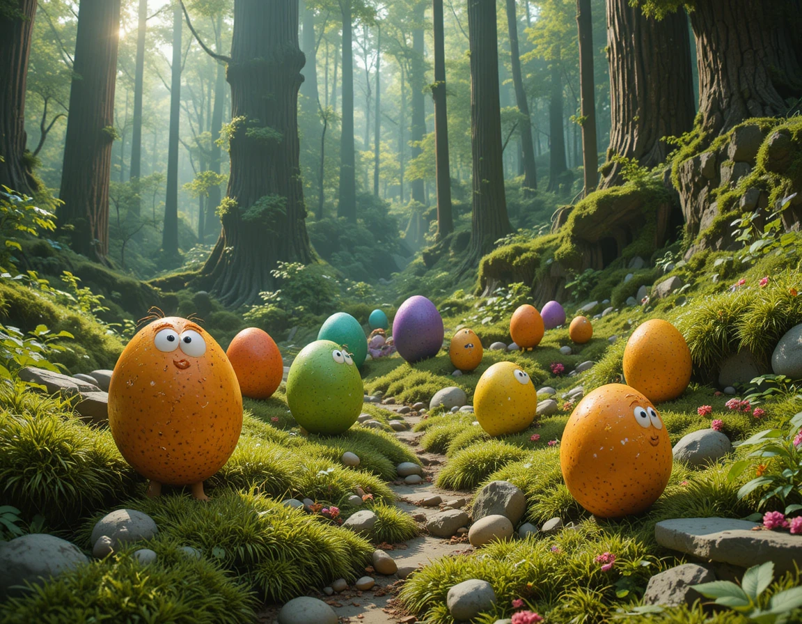 Œufs fantastiques colorés sur un sol de forêt baigné de soleil