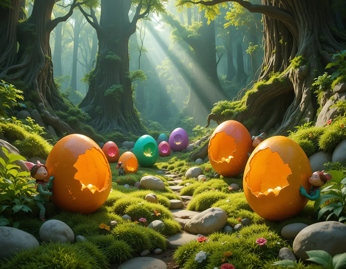 Colorful fantasy eggs scattered across a sunlit forest floor