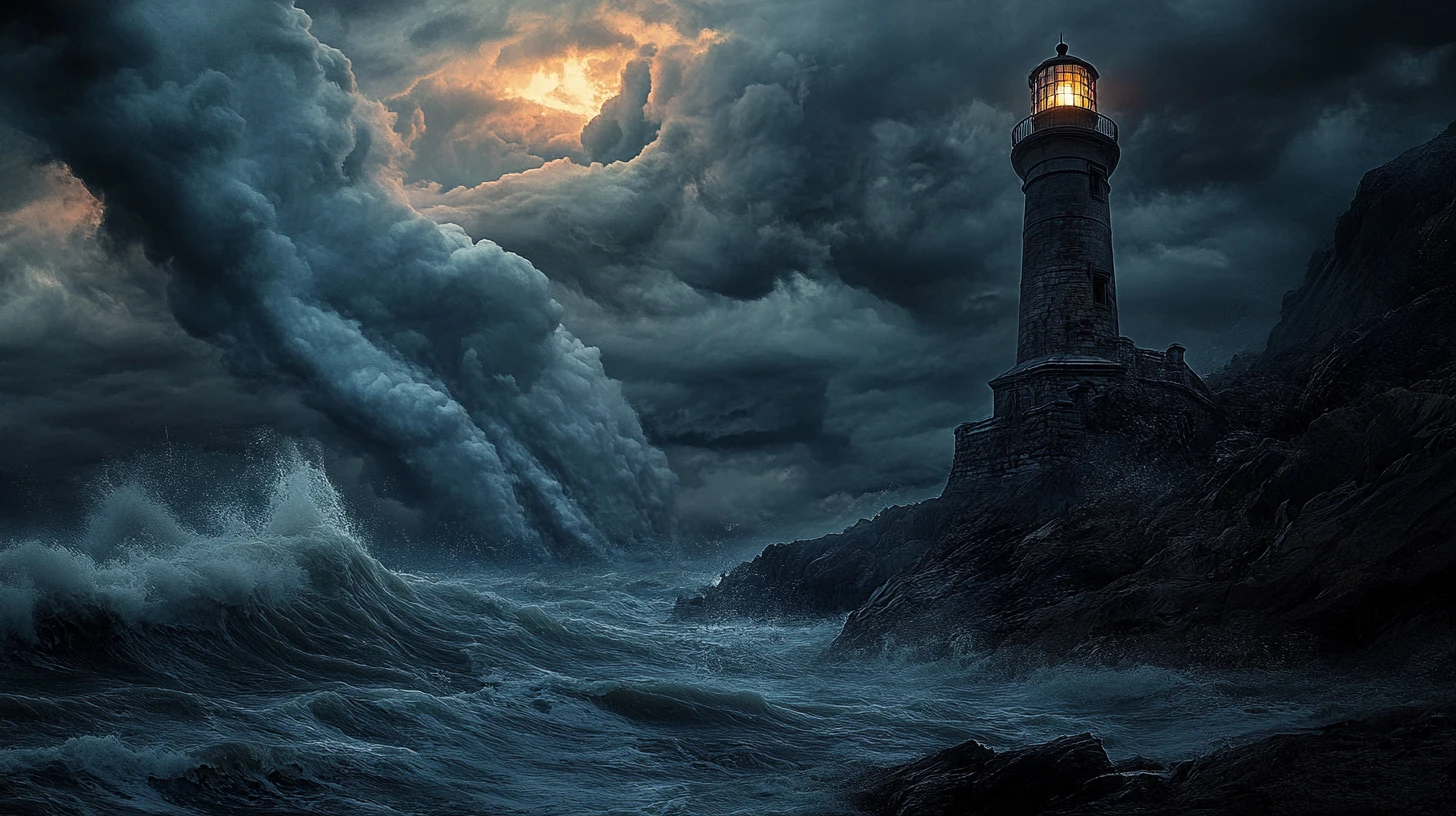 Dark fantasy lighthouse on cliffs above stormy sea