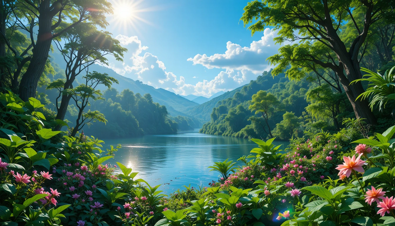 Lush green forest and calm river under a clear blue sky