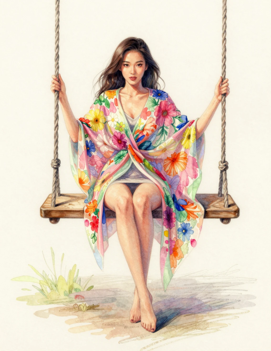 Asian fairy woman on wooden swing in flowing floral shawl