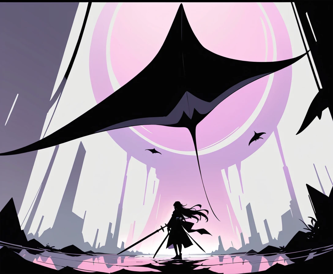 Lone ronin under a giant manta ray silhouette