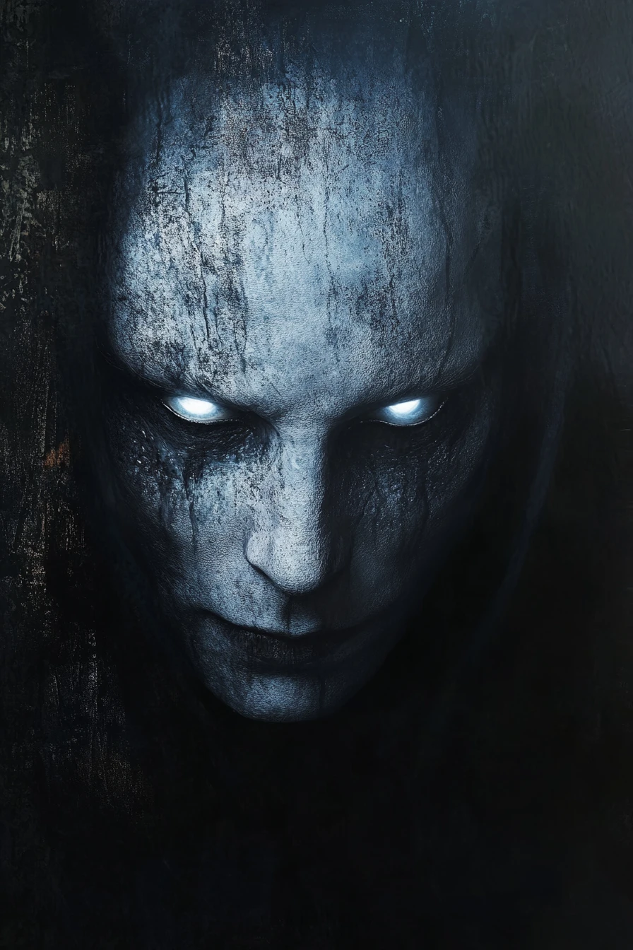 Woman with glowing white eyes in ash stained robes