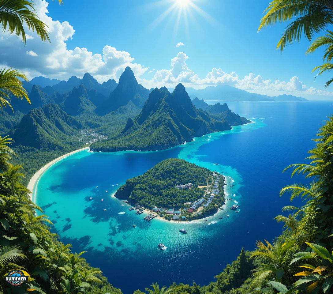 Vista aerea di un'isola tropicale rigogliosa circondata dall’oceano