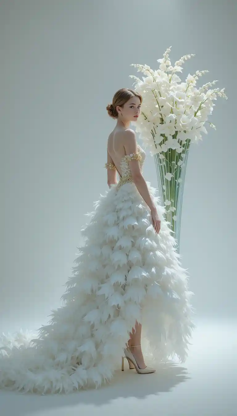 Elegant woman in feathered white dress with glowing lilies