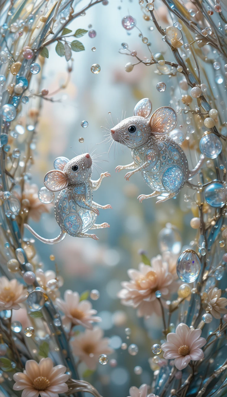 Ratinhos em vitral em macro dentro de formas transparentes de gota de orvalho