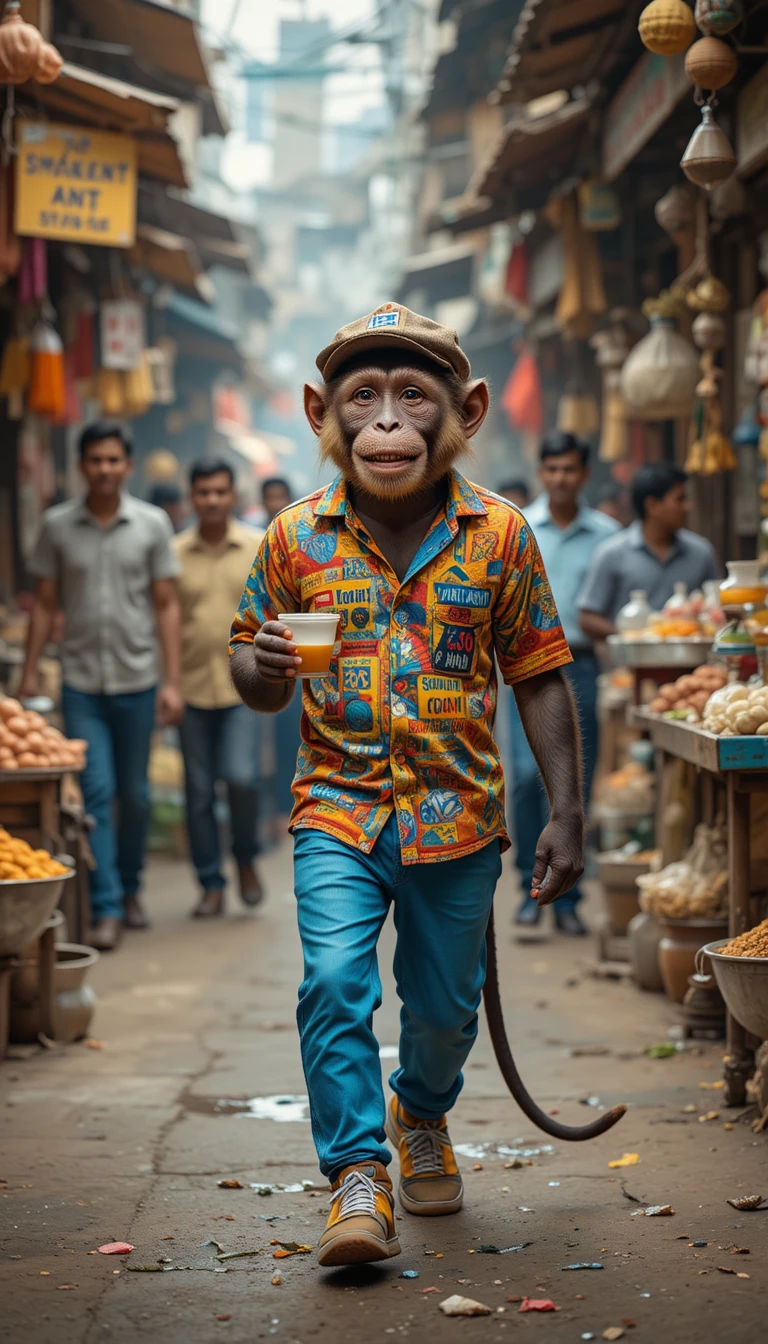 Realistic monkey walking confidently through Indian street market
