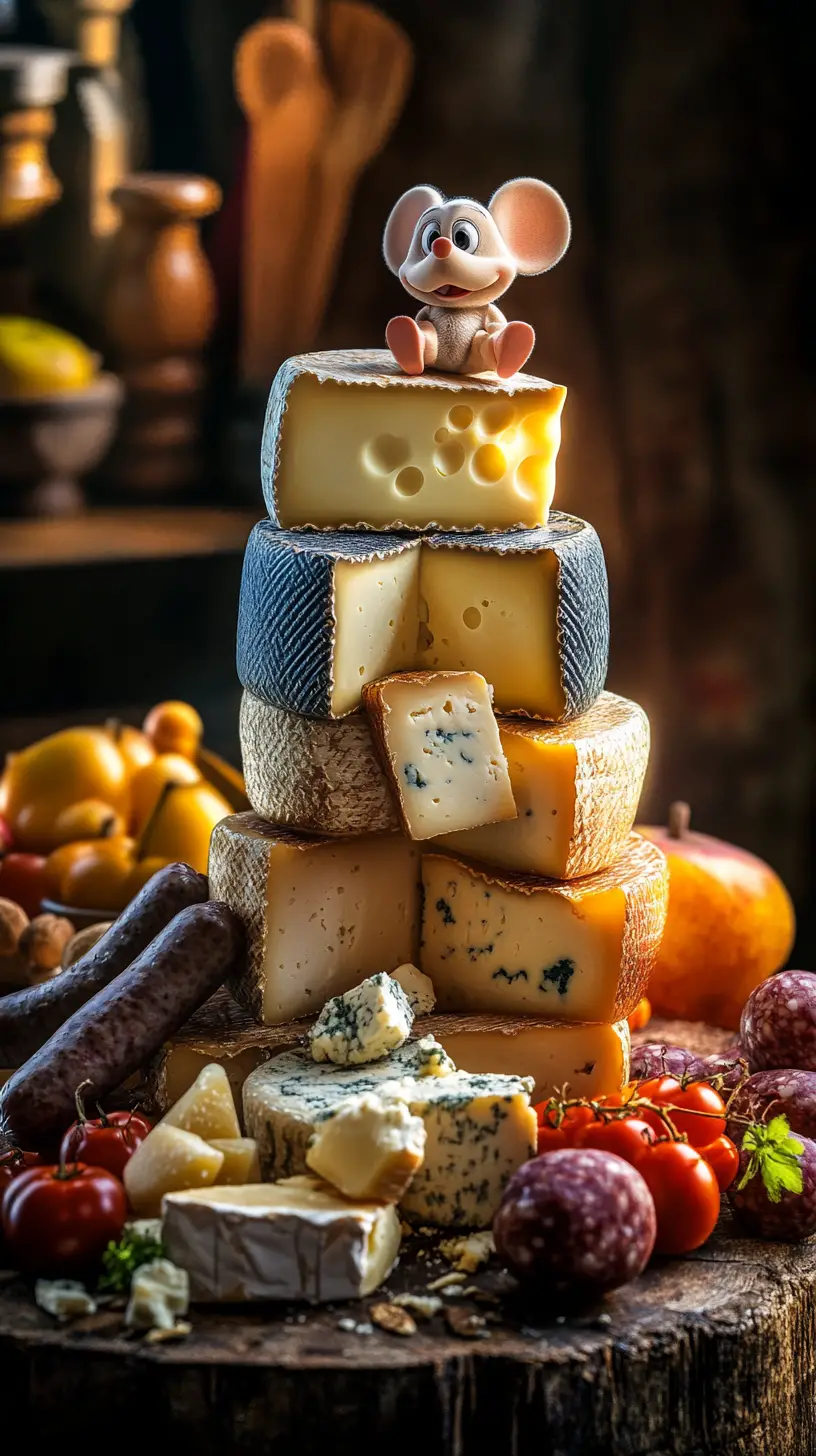 Süße Maus mit Gourmetkäse in einer alten rustikalen Küche
