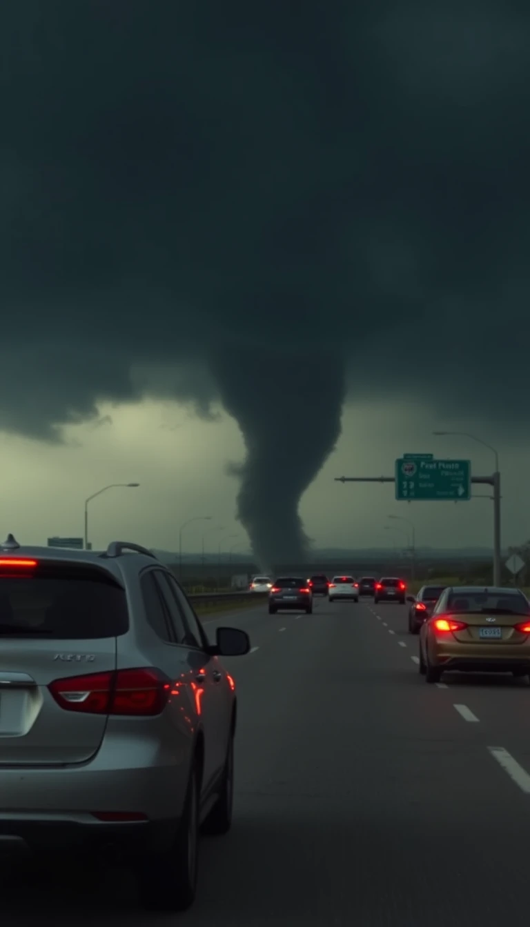 Tornado escuro cruza perto de carros em rodovia interestadual