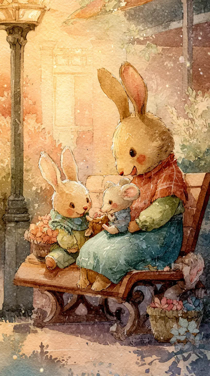 Lapins de Pâques sur un banc à la maison au coucher du soleil
