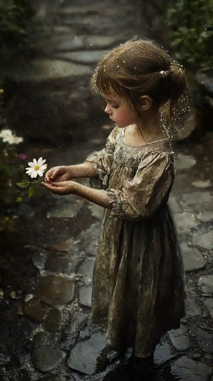 Victorian girl offering a flower on a rainy cobblestone street