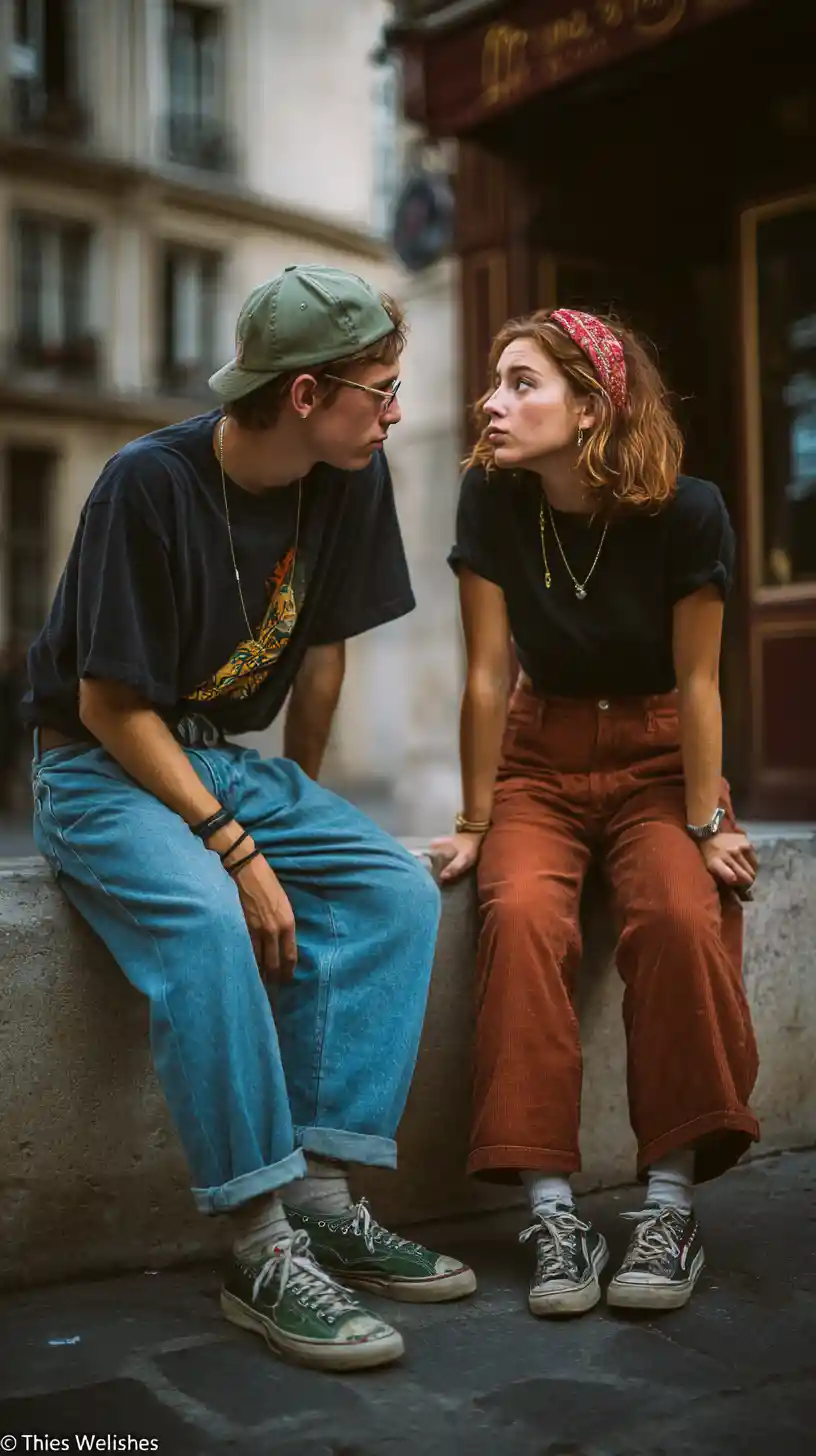 Bohemian couple talking on a cobblestone parisian street