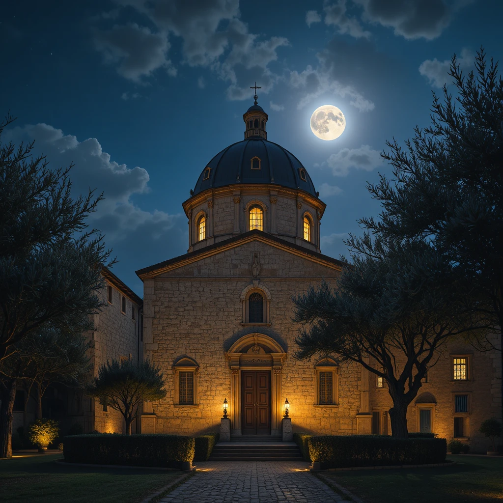 Historic Italian chapel under a glowing moonlit night sky