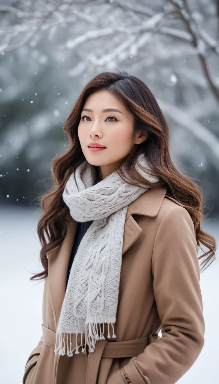Femme japonaise observant une douce chute de neige dans un paysage hivernal