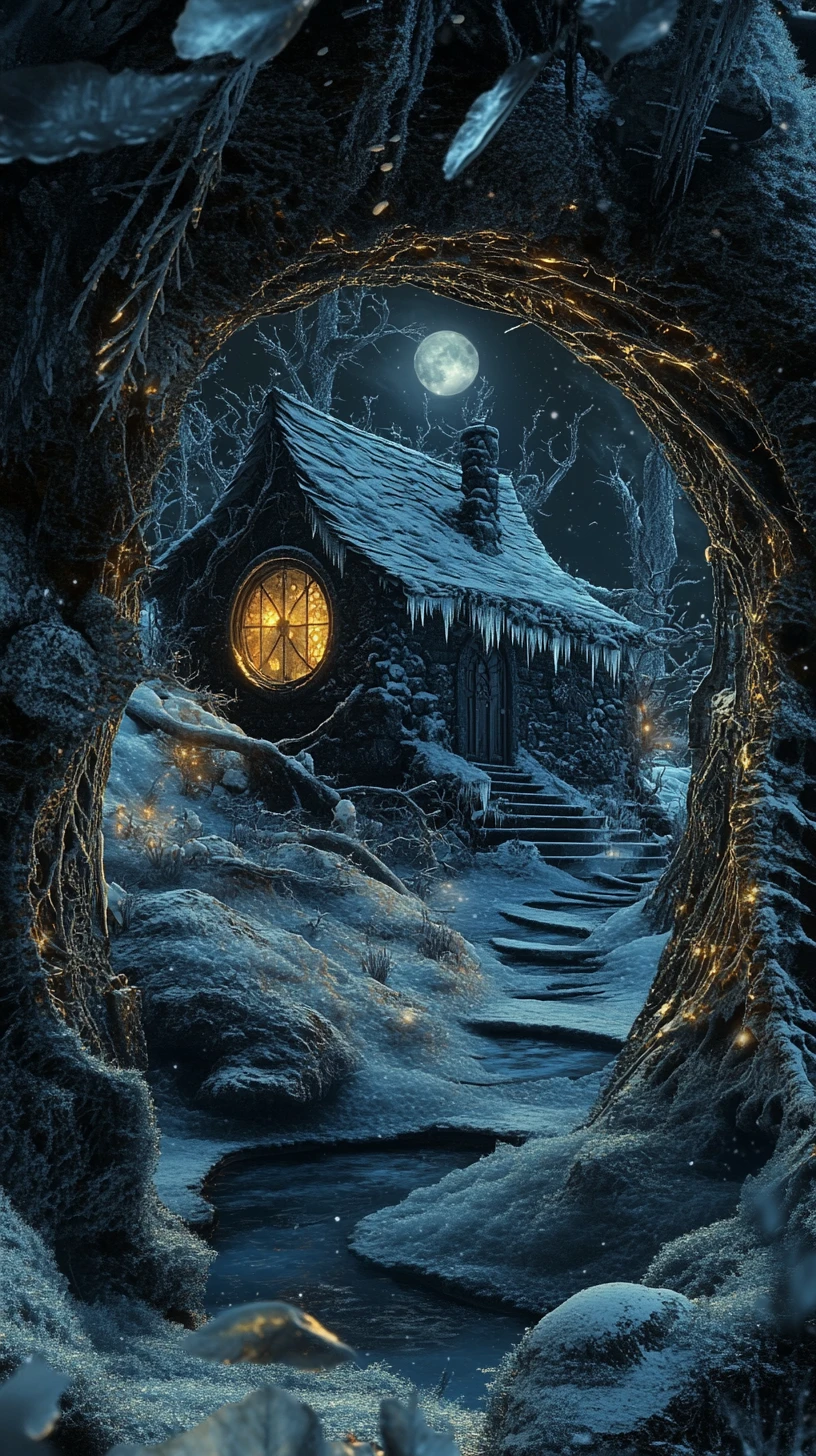 Dunkle Fantasy-Winterhütte in einer riesigen Blattsilhouette