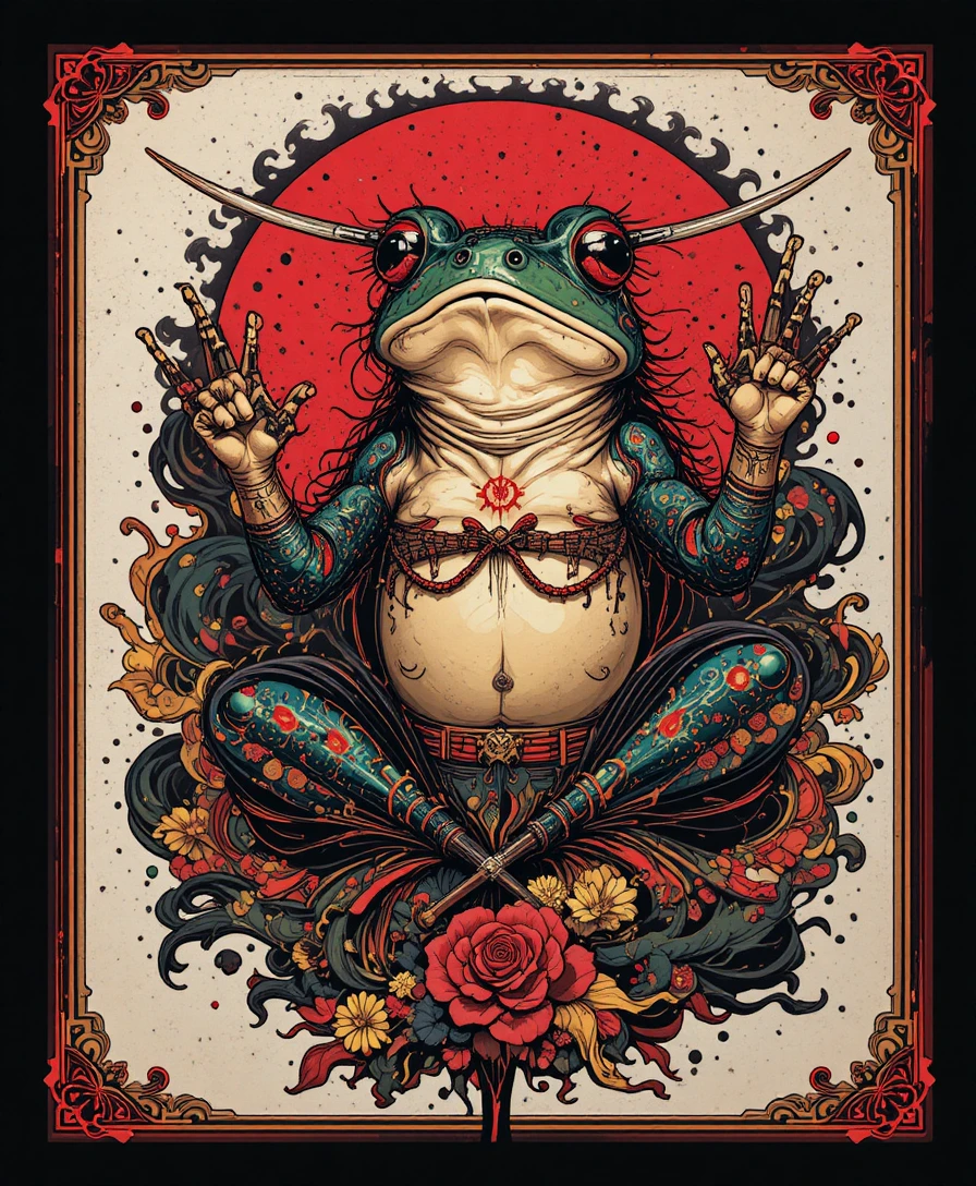 Sapo ronin em um design de tatuagem japonesa gótica e psicodélica