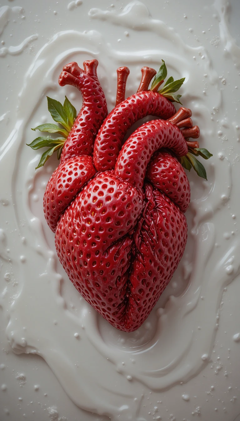 Escultura de Coração de Morango em Fundo 3D Branco e Brilhante