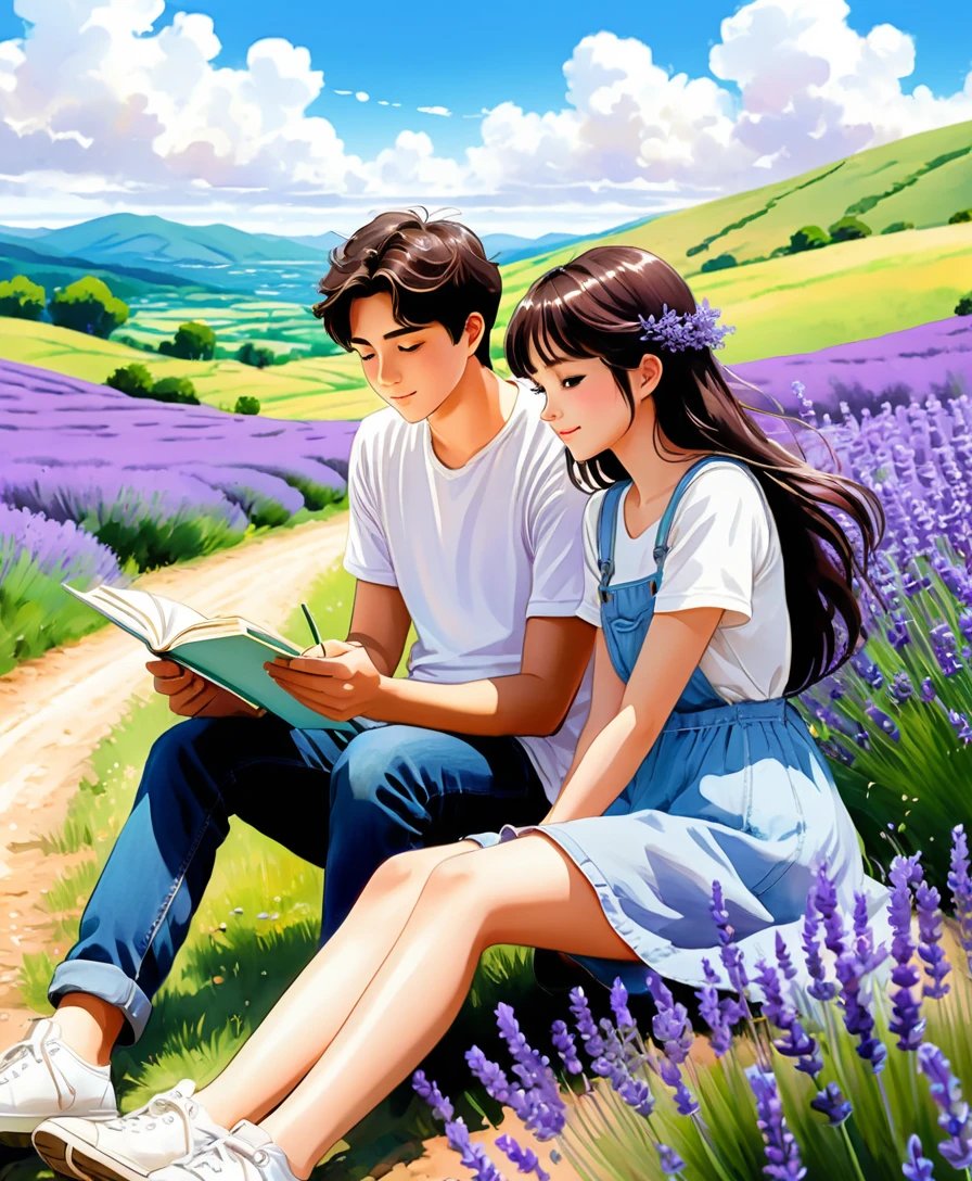 Casal de anime em campo de lavanda com esboço de retrato