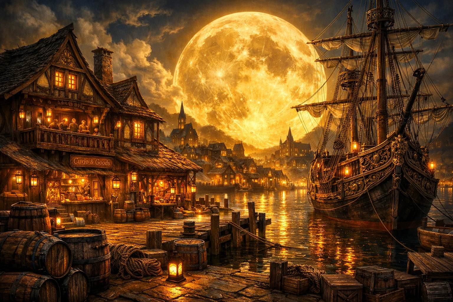 Surreal fantasy harbor tavern beneath a glowing full moon