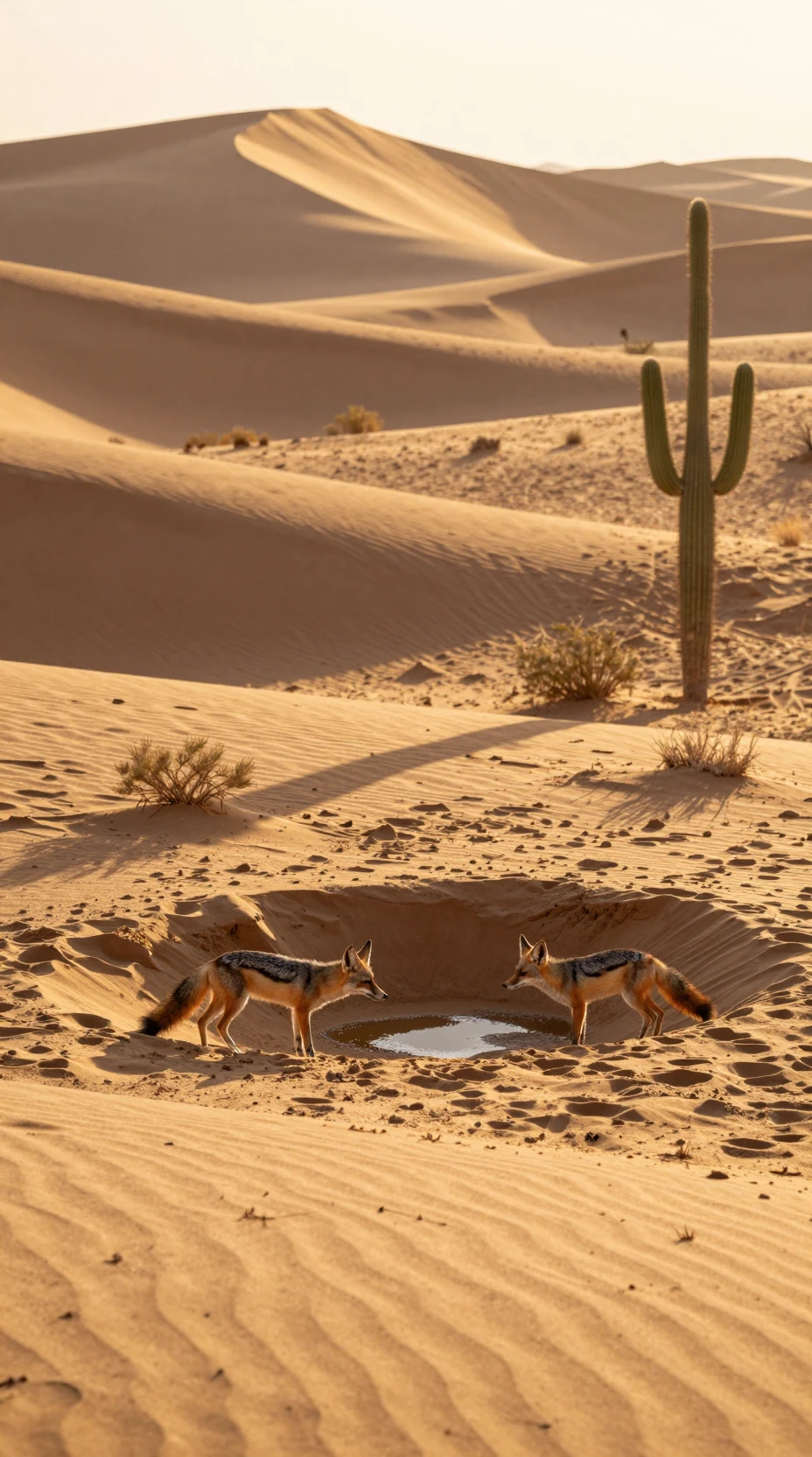 Raposas-do-deserto saindo de tocas em um oásis luminoso entre dunas de areia