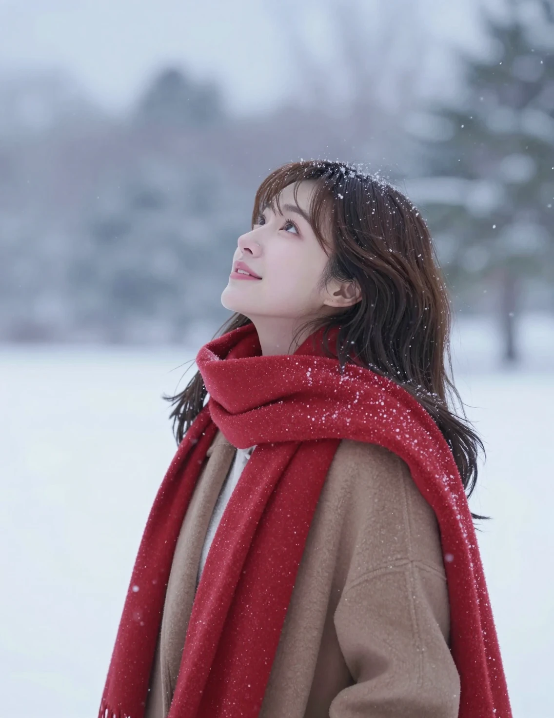 Japanese woman in red scarf watching gentle winter snowfall