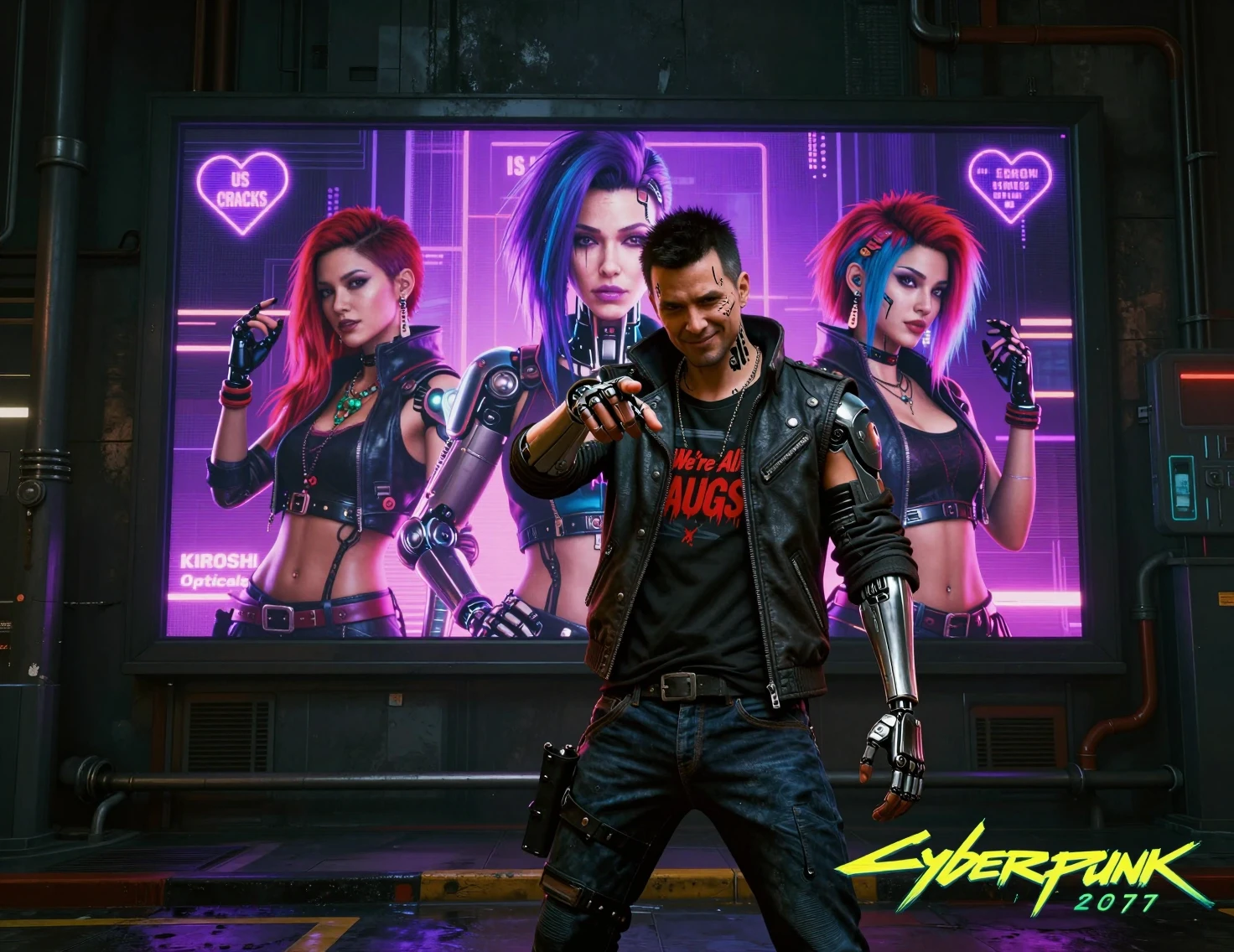 Hombre cyberpunk posando juguetonamente en una calle urbana de neón