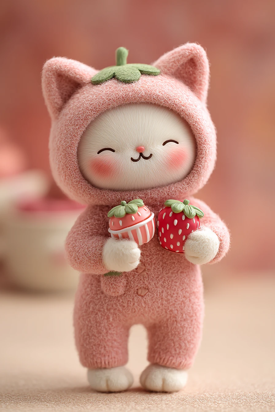 복실복실 딸기 onesie를 입고 머핀을 먹는 귀여운 고양이