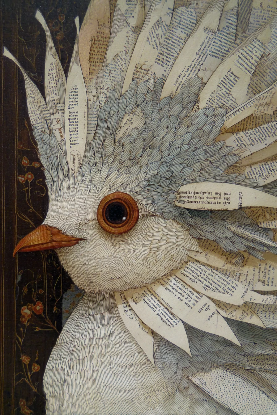 Oiseau surréaliste et joyeux aux plumes de journal et aux yeux noisette